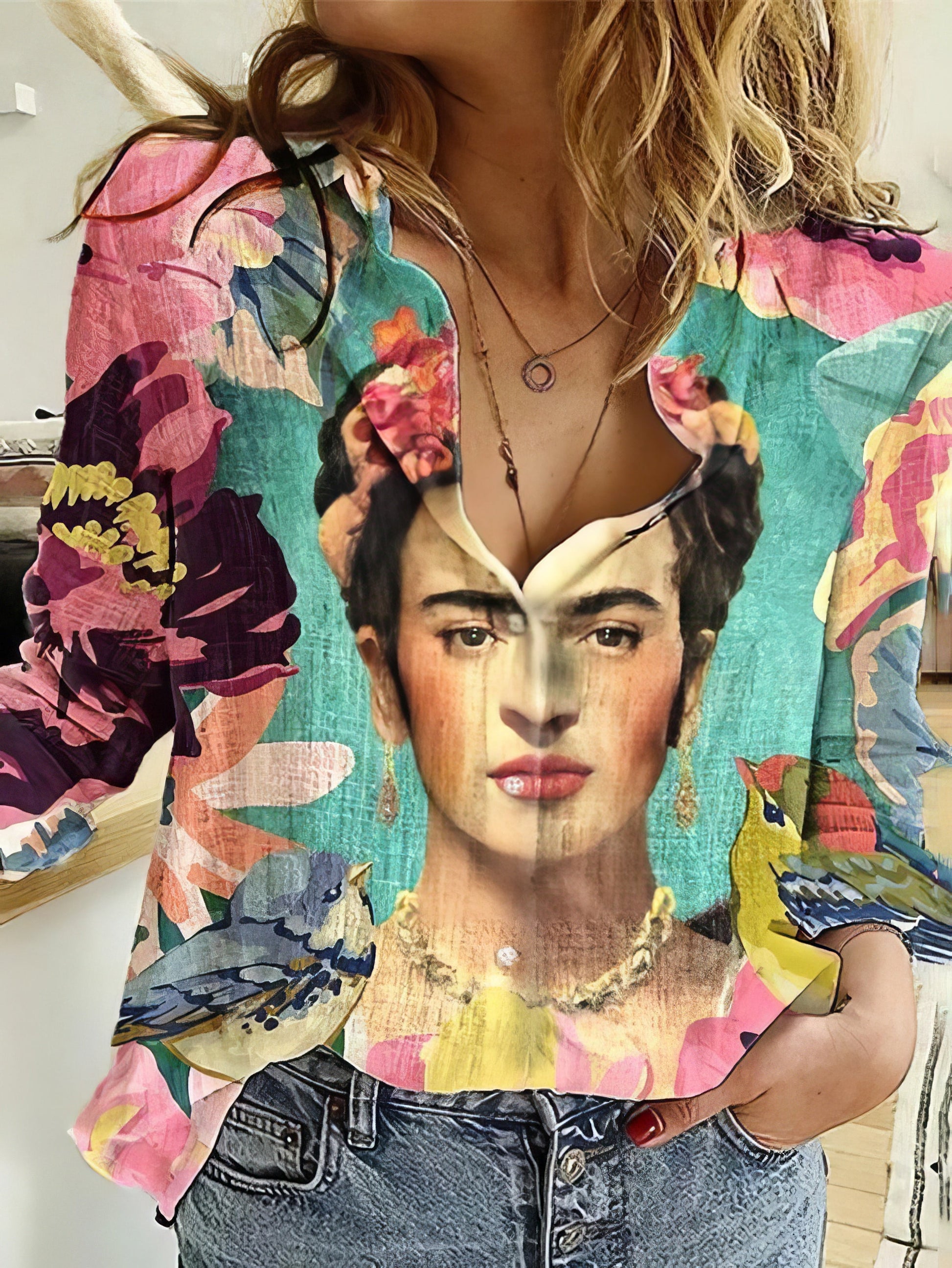 Blouses - Ladies And Flower Printed Lapel Long Sleeve Shirt - MsDressly
