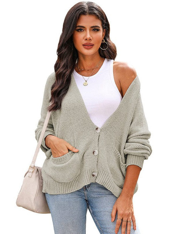 Ladies Knit Long Sleeve Cardigan and Sweater in Solid Color