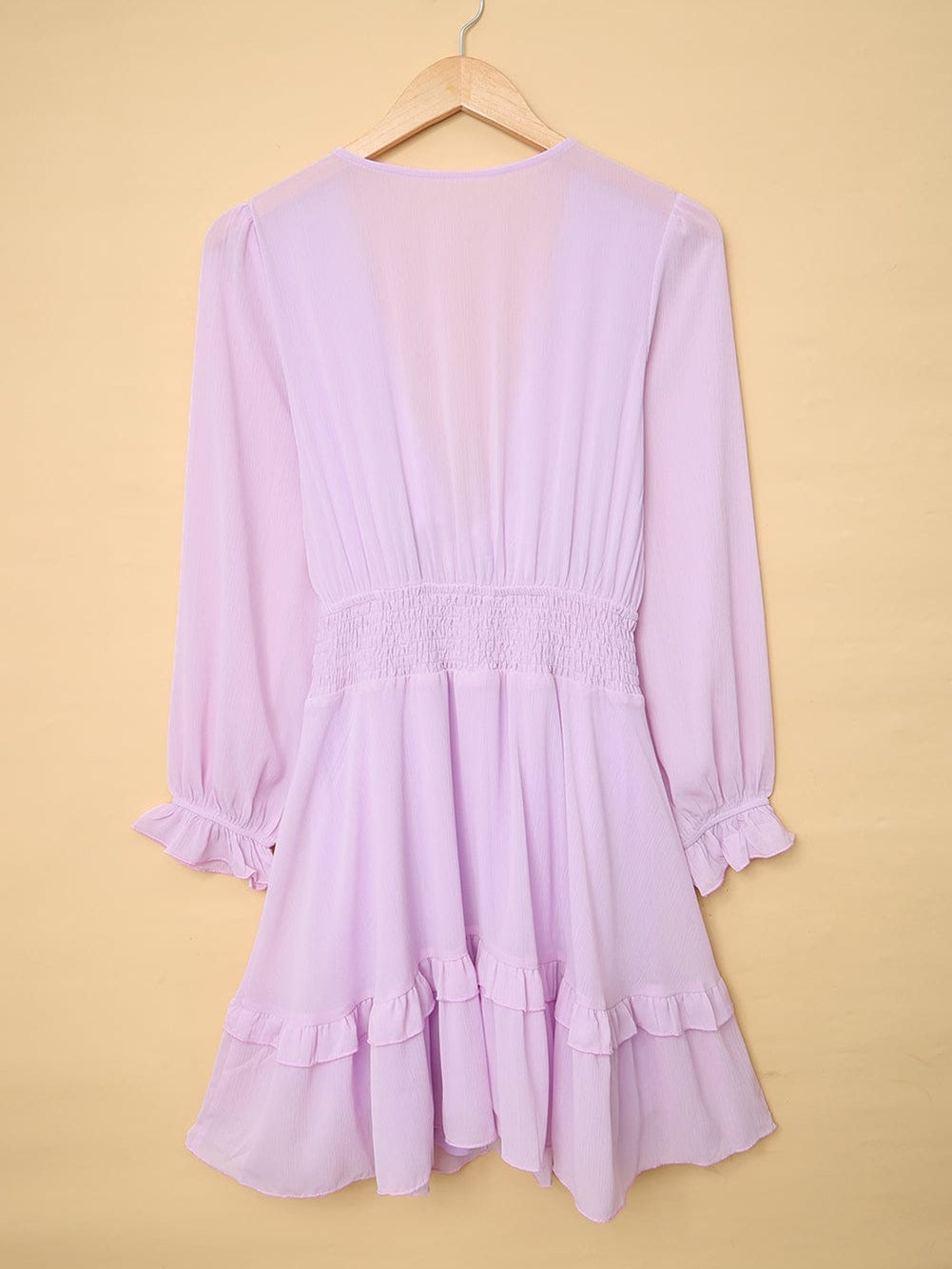Lantern Sleeve Knotted Tiered Mini Dress with Deep V Neck