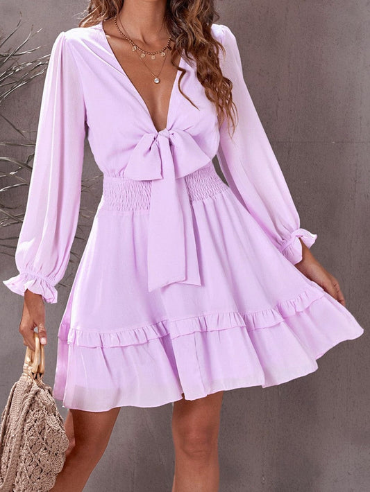 Lantern Sleeve Knotted Tiered Mini Dress with Deep V Neck