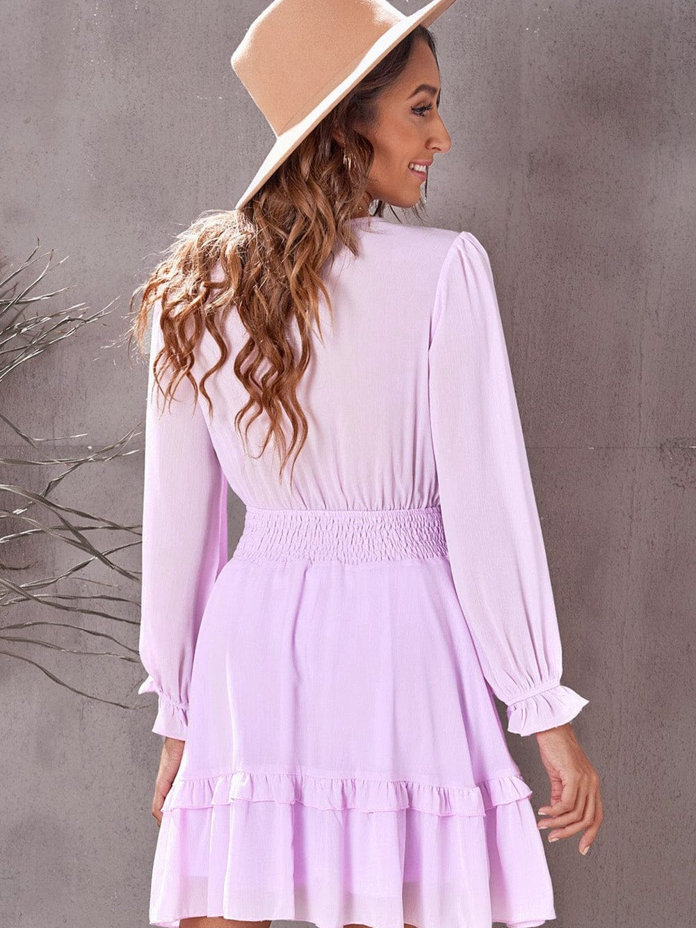 Lantern Sleeve Knotted Tiered Mini Dress with Deep V Neck