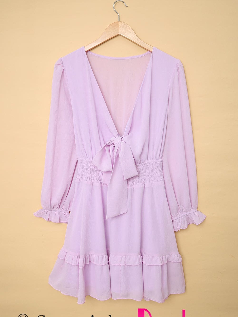 Lantern Sleeve Knotted Tiered Mini Dress with Deep V Neck