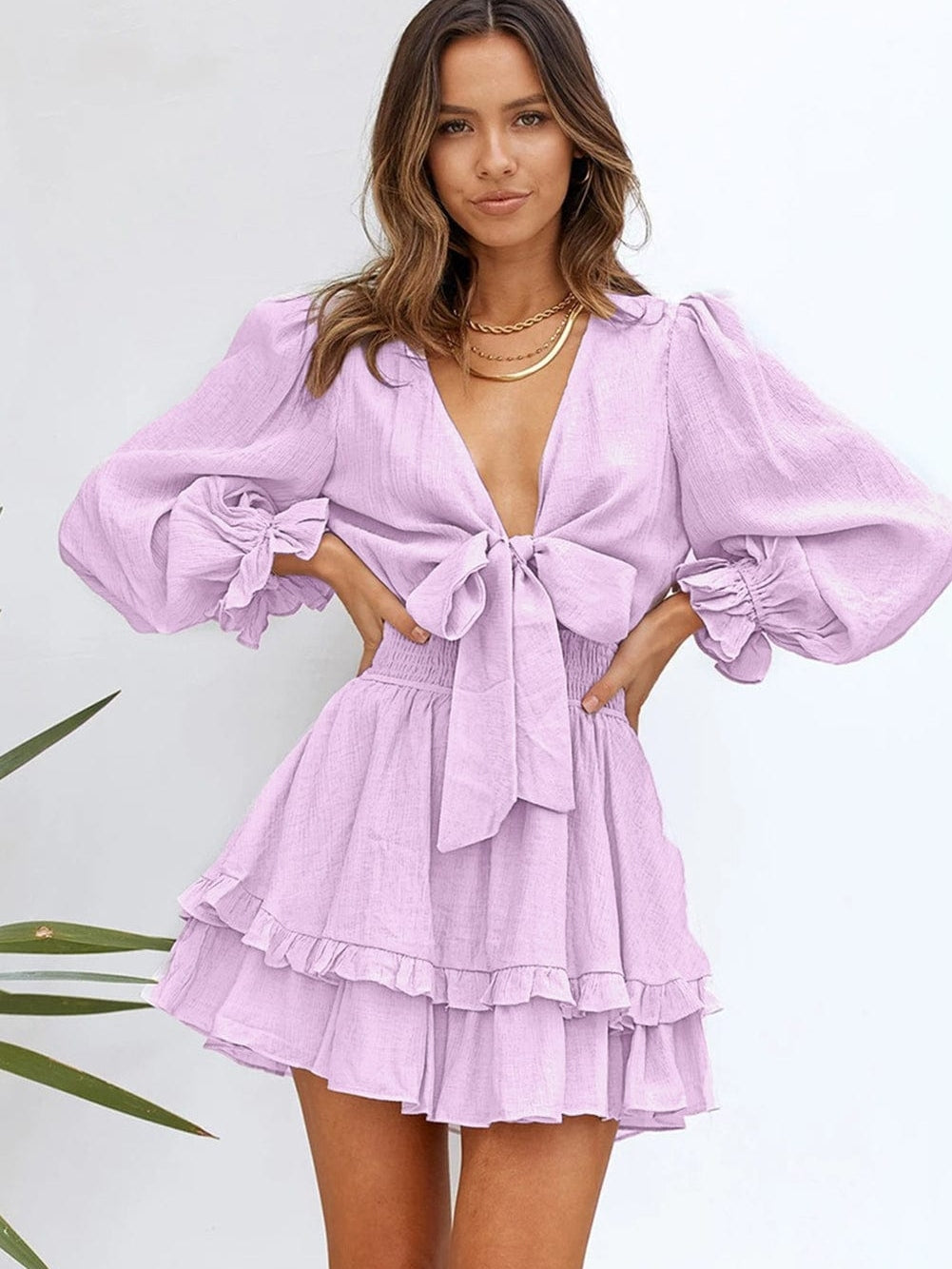 Lantern Sleeve Knotted Tiered Mini Dress with Deep V Neck