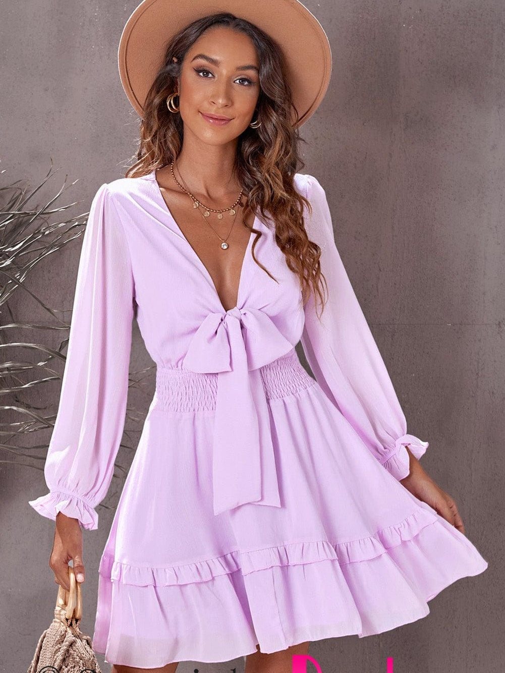 Lantern Sleeve Knotted Tiered Mini Dress with Deep V Neck