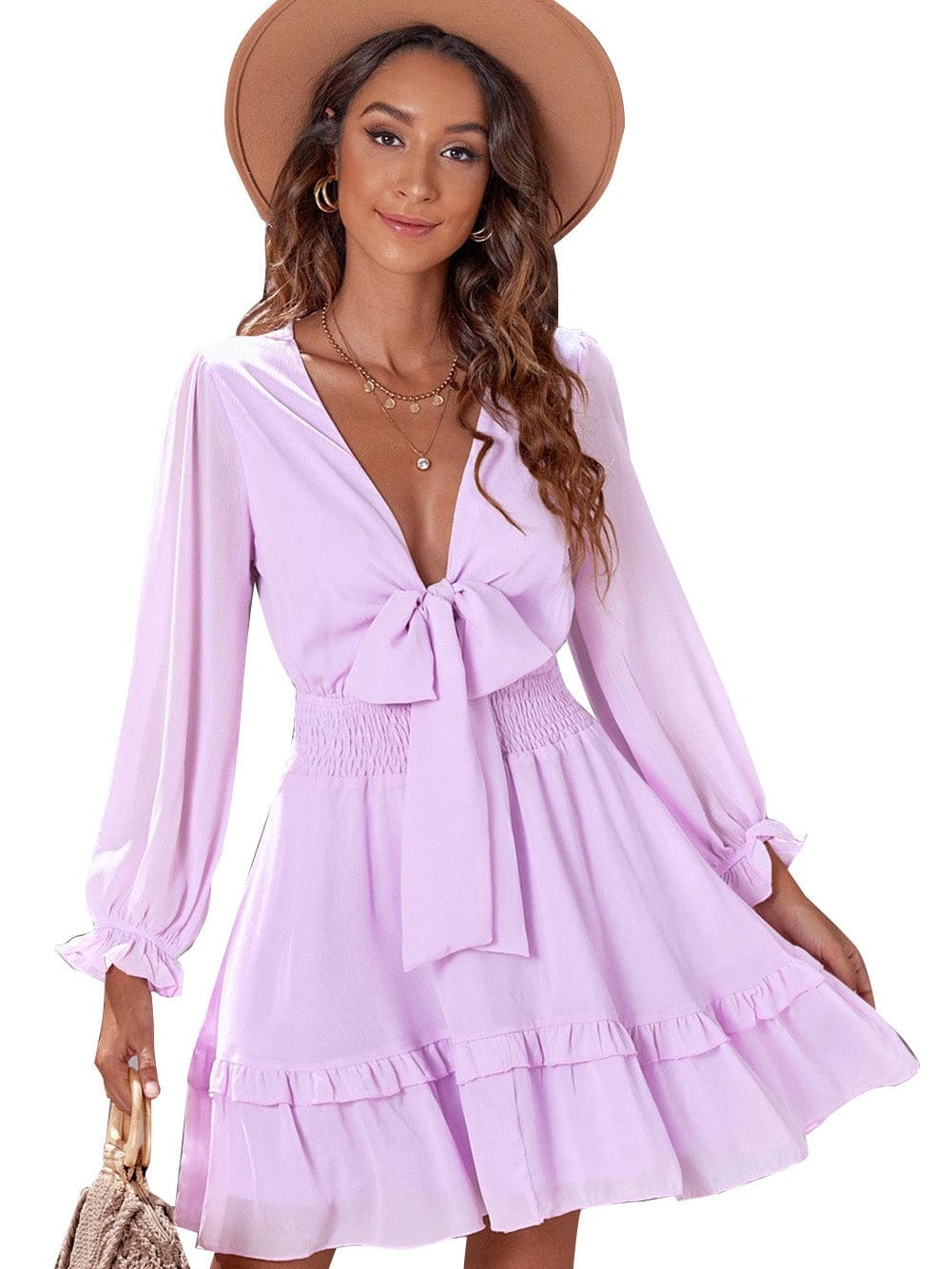 Lantern Sleeve Knotted Tiered Mini Dress with Deep V Neck