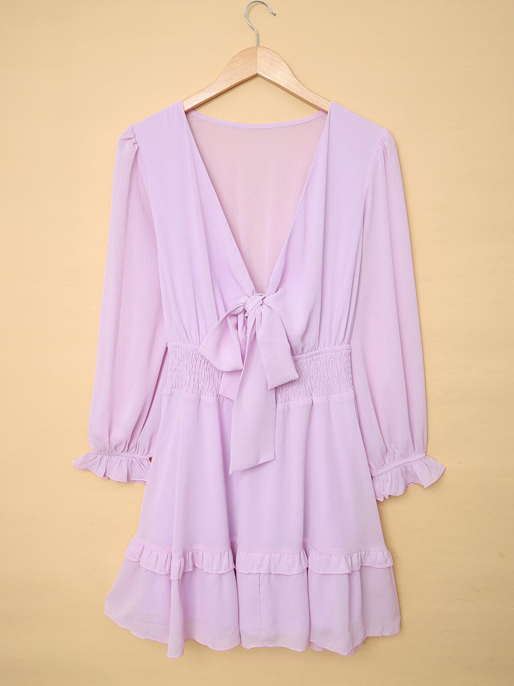 Lantern Sleeve Knotted Tiered Mini Dress with Deep V Neck