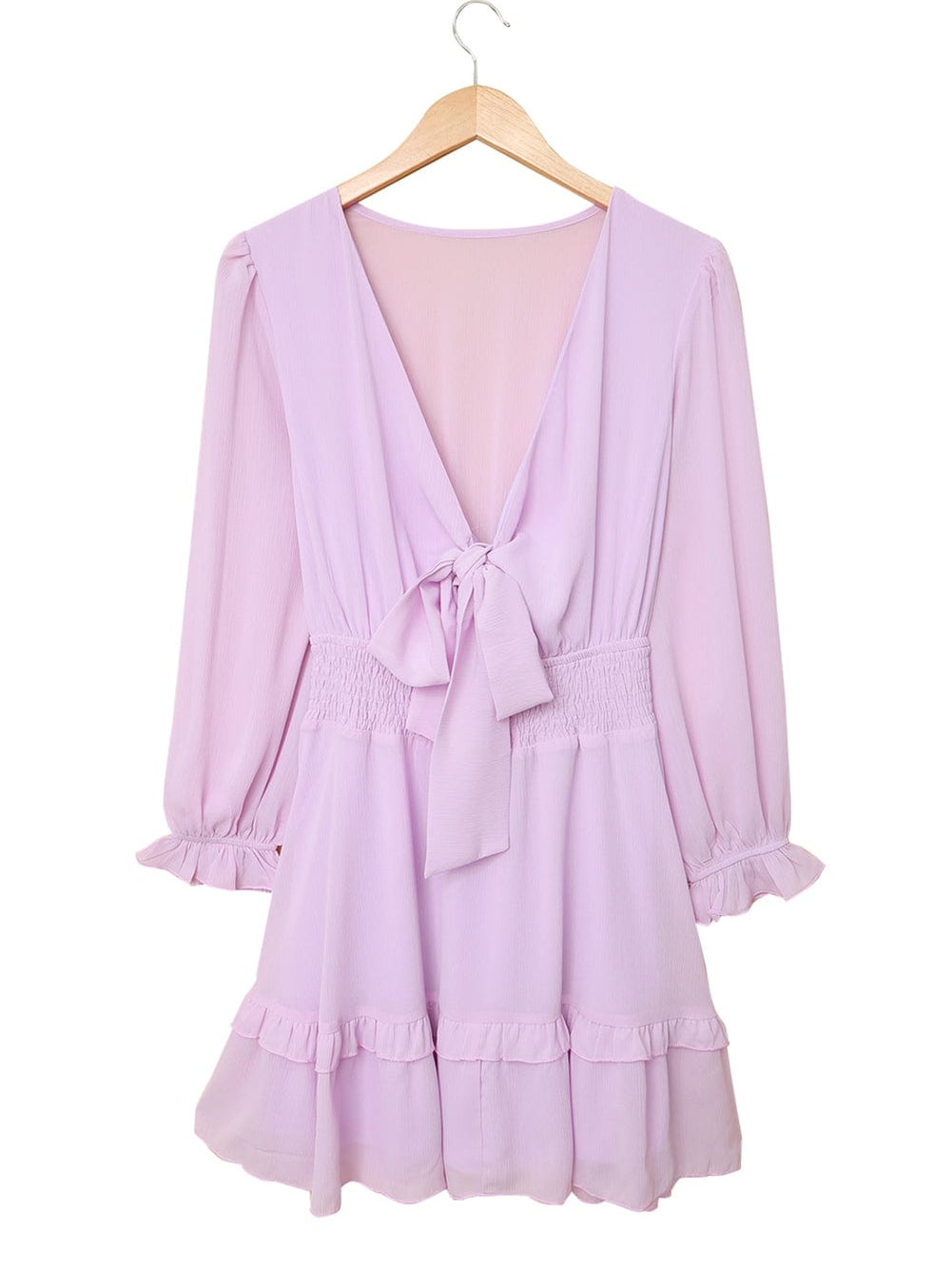 Lantern Sleeve Knotted Tiered Mini Dress with Deep V Neck