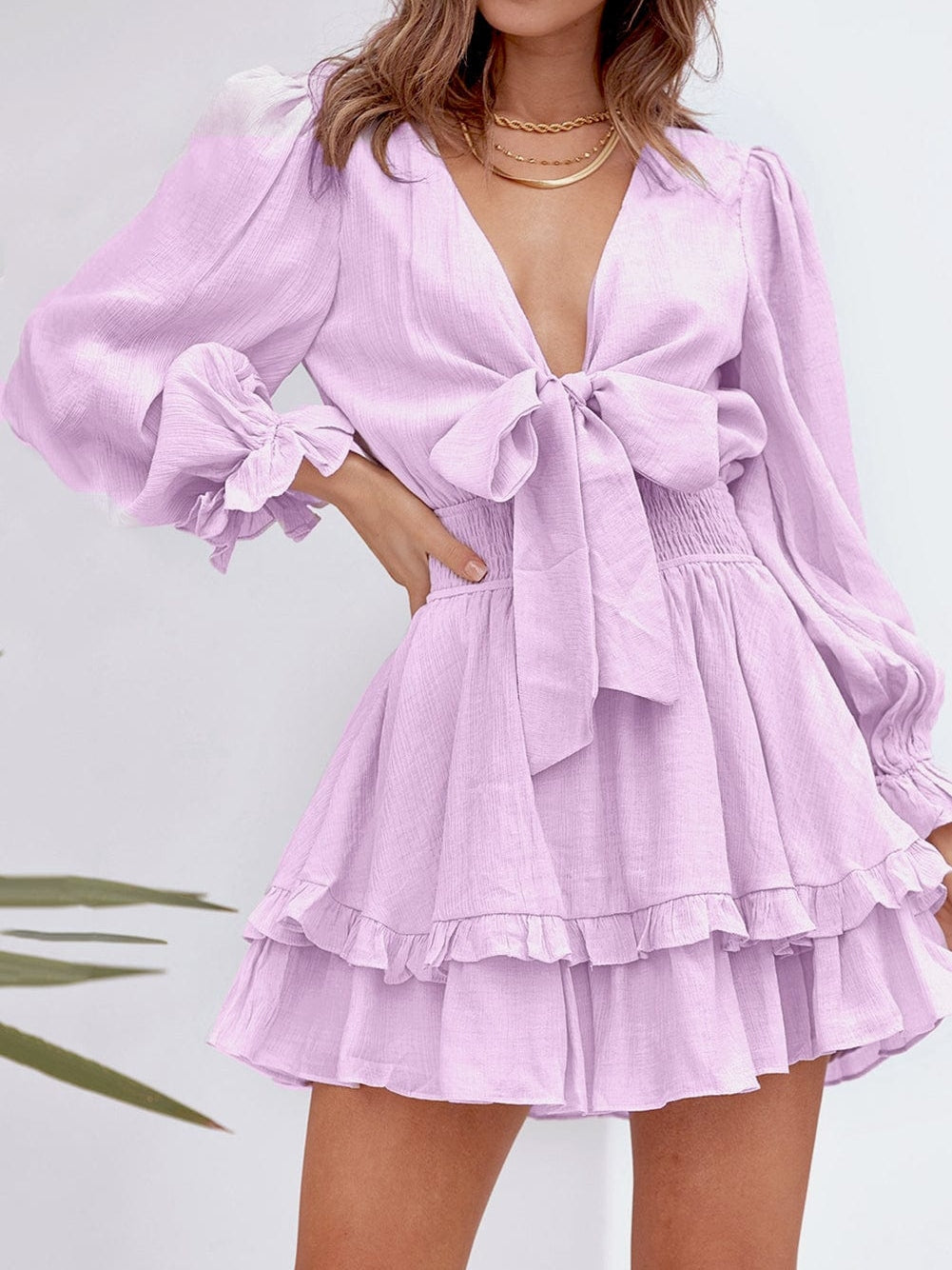 Lantern Sleeve Knotted Tiered Mini Dress with Deep V Neck
