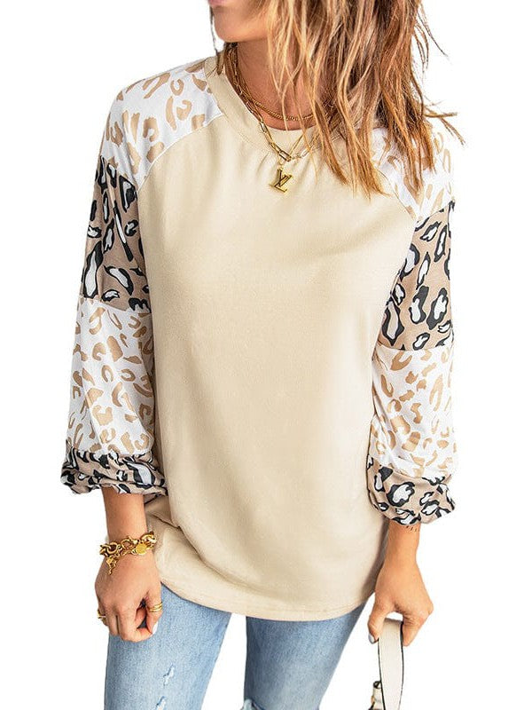 Lantern Sleeve Leopard Print Pullover Sweatshirt - Women's Round Neck Top