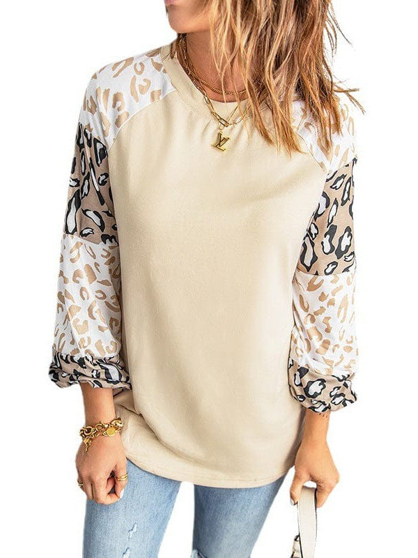 Lantern Sleeve Leopard Print Pullover Sweatshirt - Women's Round Neck Top