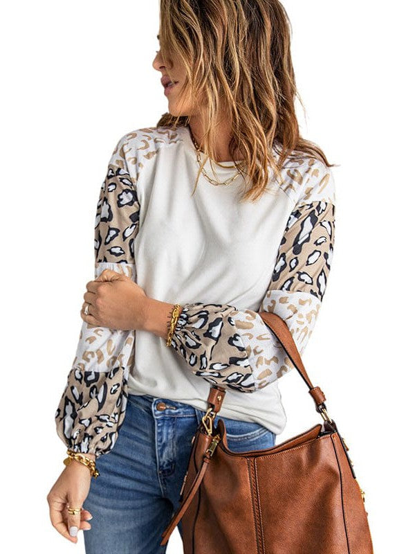 Lantern Sleeve Leopard Print Pullover Sweatshirt - Women's Round Neck Top