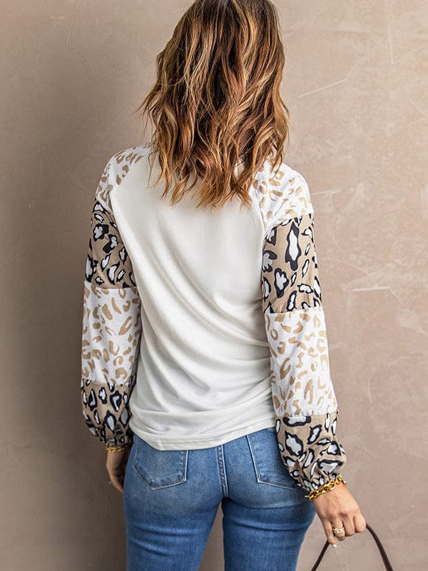 Lantern Sleeve Leopard Print Pullover Sweatshirt - Women's Round Neck Top