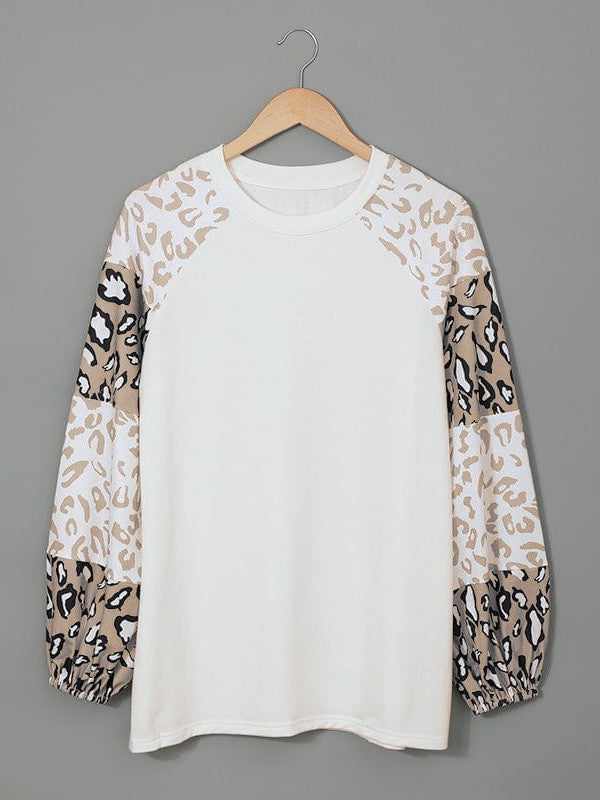 Lantern Sleeve Leopard Print Pullover Sweatshirt - Women's Round Neck Top
