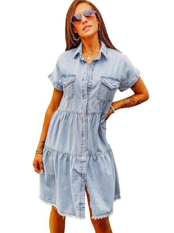 Lapel Button Pocket Denim Shirt Dress