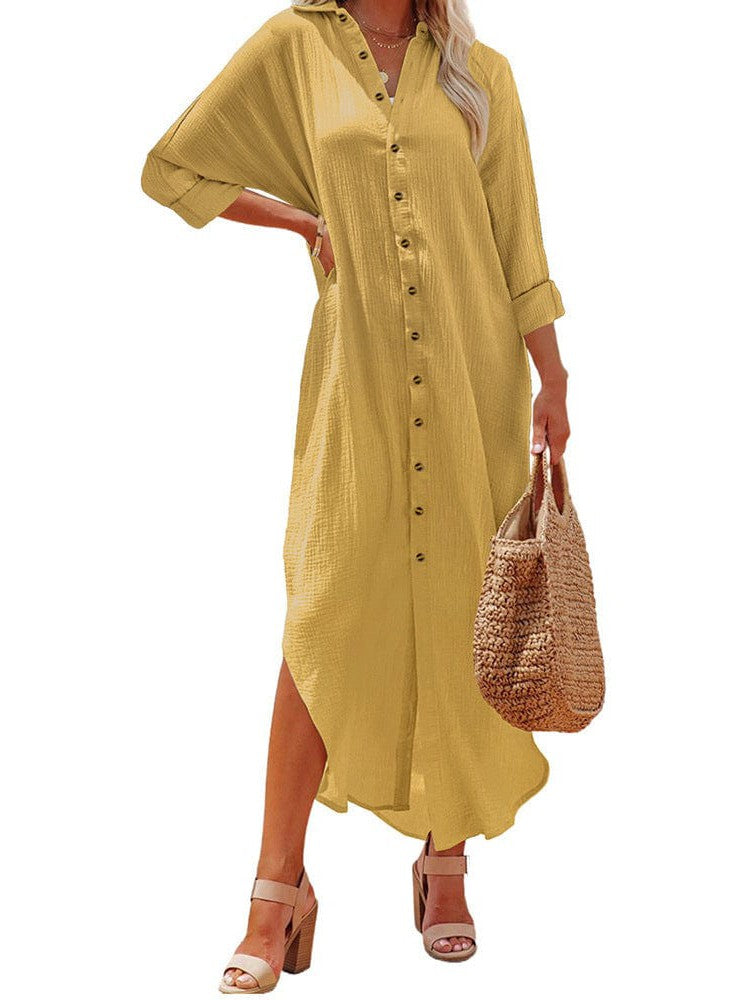Lapel Long Sleeve Shirt Dress for Women in Solid Colors