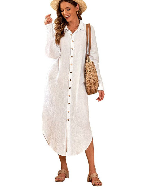 Lapel Long Sleeve Shirt Dress for Women in Solid Colors