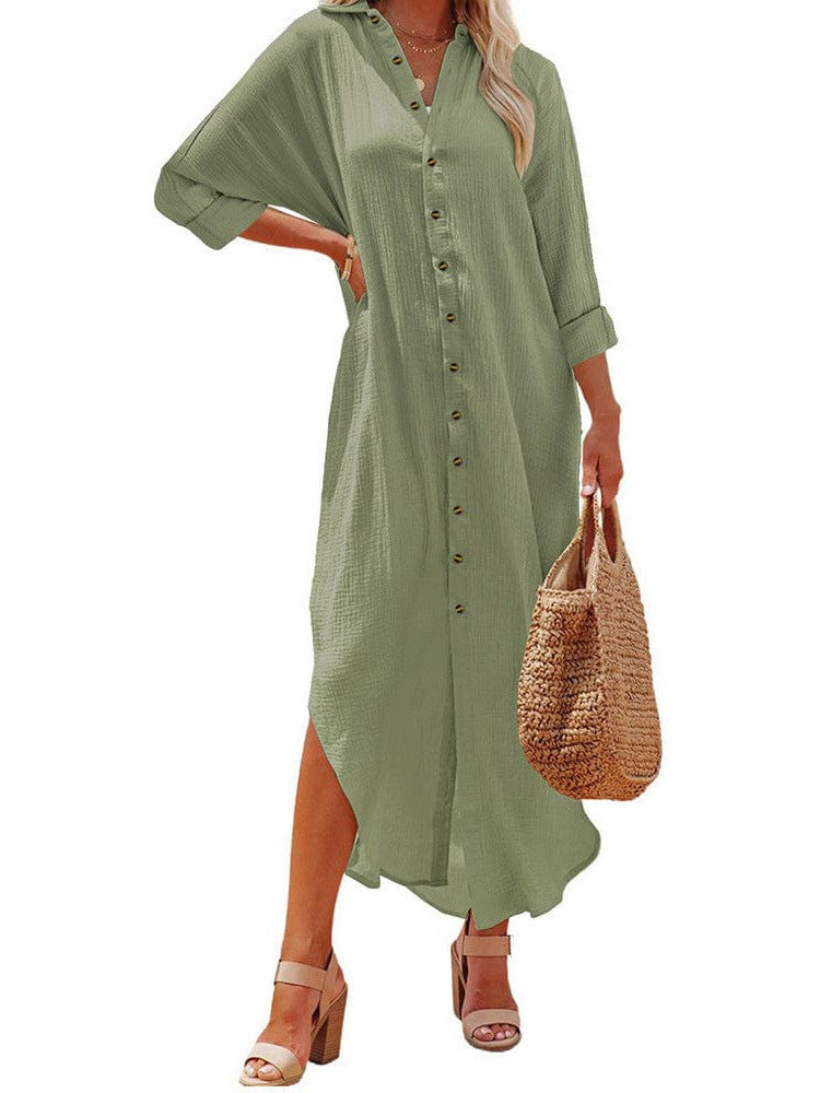 Lapel Long Sleeve Shirt Dress for Women in Solid Colors
