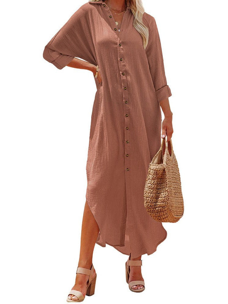 Lapel Long Sleeve Shirt Dress for Women in Solid Colors