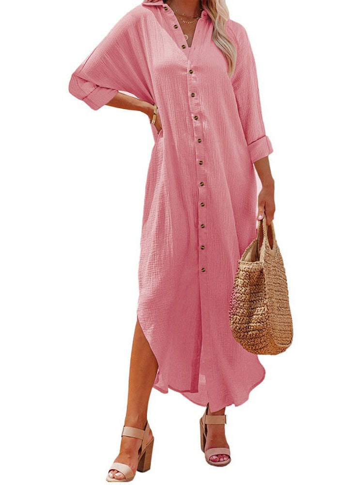 Lapel Long Sleeve Shirt Dress for Women in Solid Colors