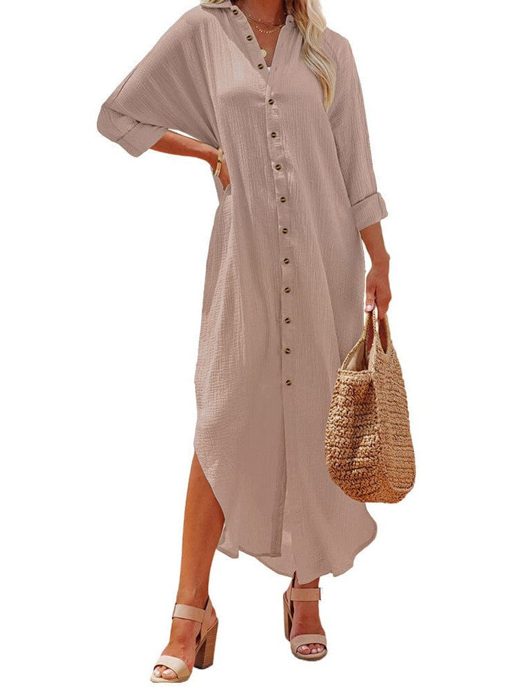 Lapel Long Sleeve Shirt Dress for Women in Solid Colors