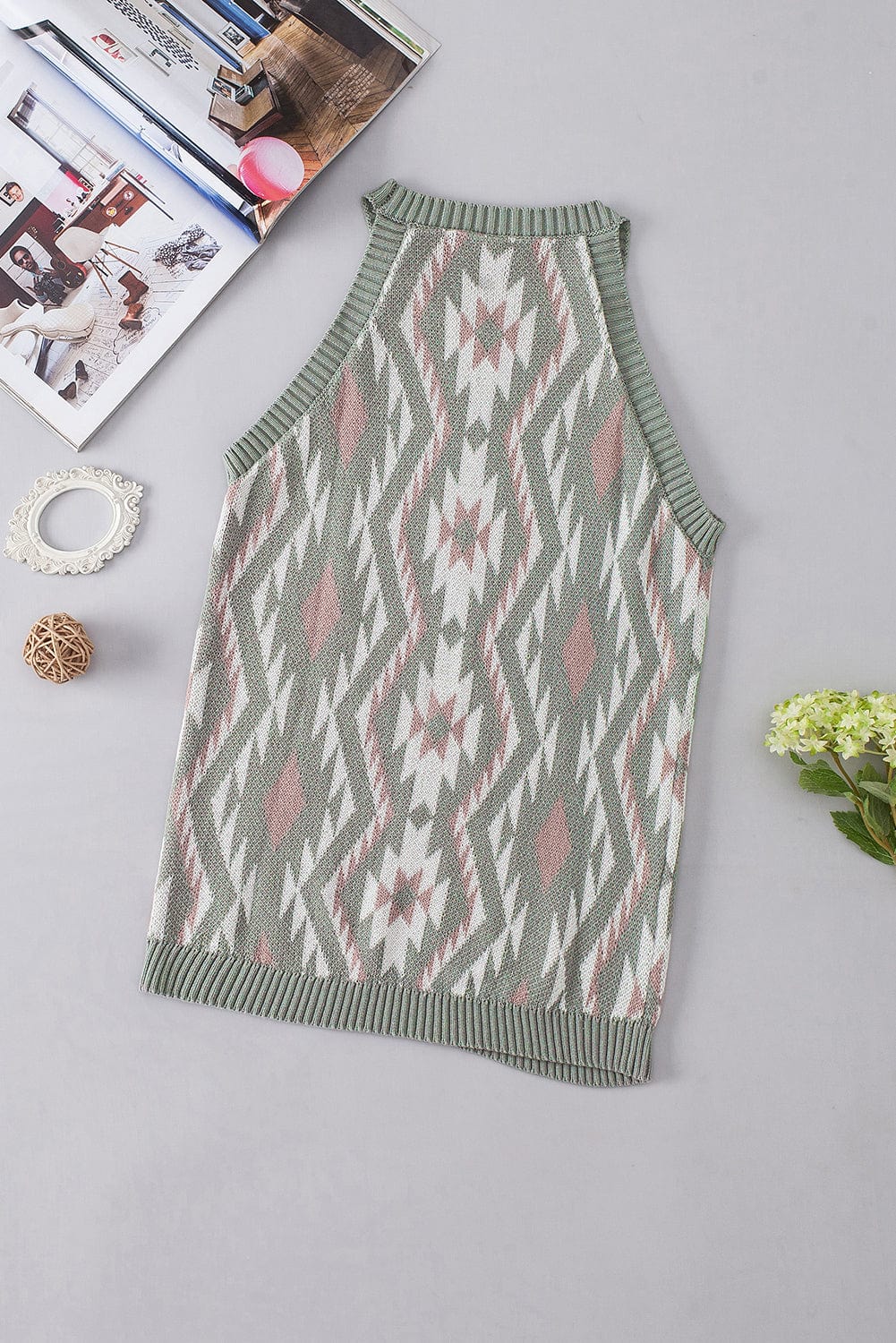 Laurel Green Aztec Print Sleeveless Knit Sweater Tank