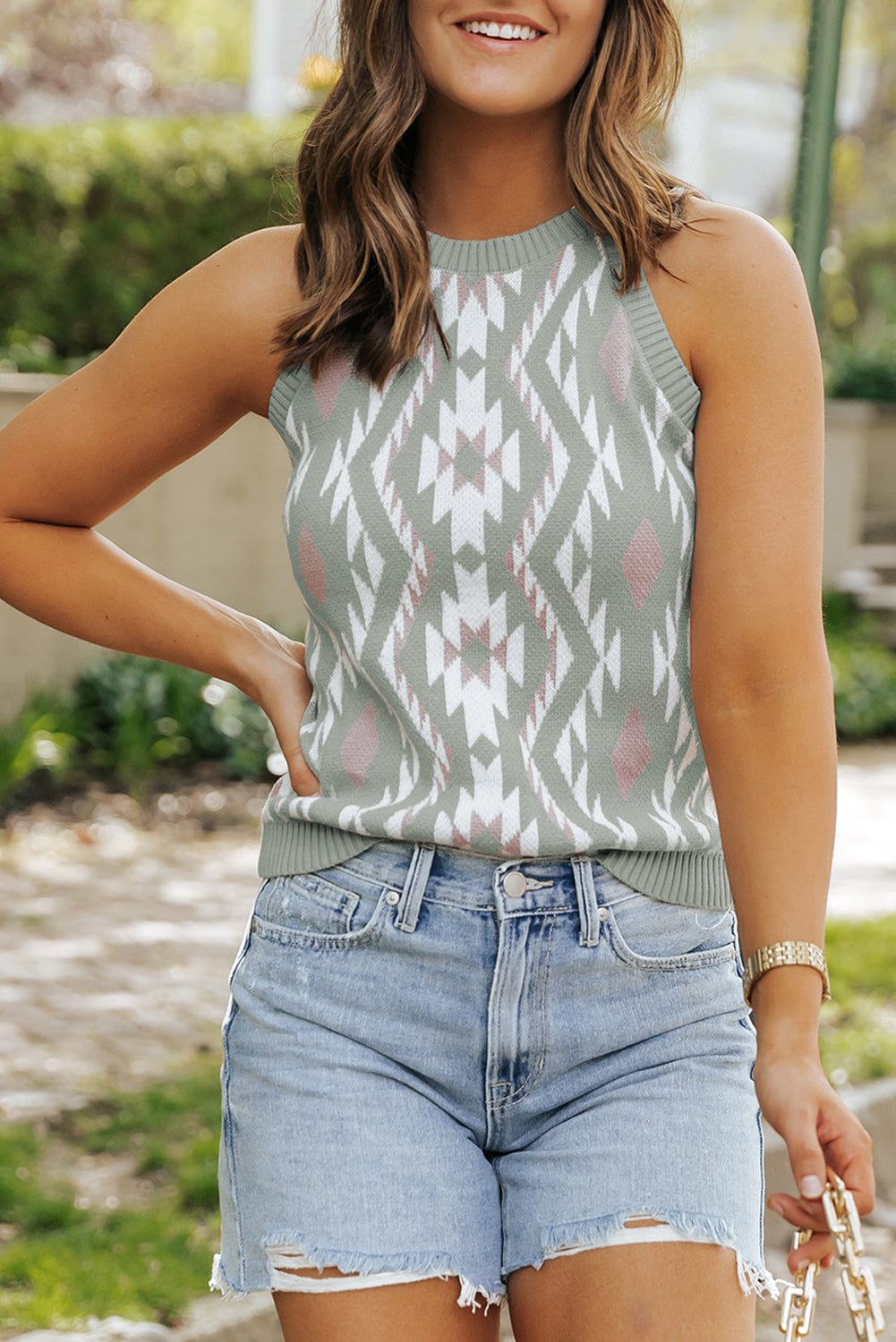 Laurel Green Aztec Print Sleeveless Knit Sweater Tank