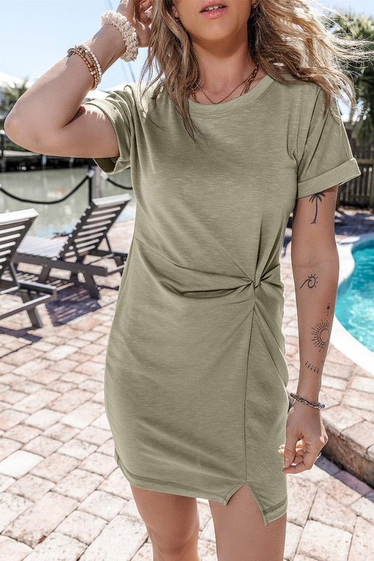 Laurel Green Twist Sleeve Mini T-Shirt Dress