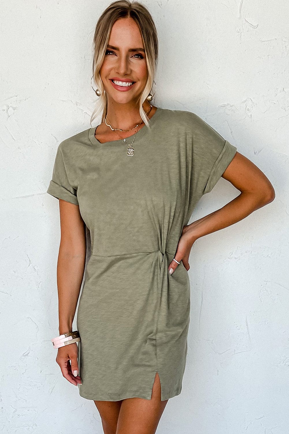 Laurel Green Twist Sleeve Mini T-Shirt Dress