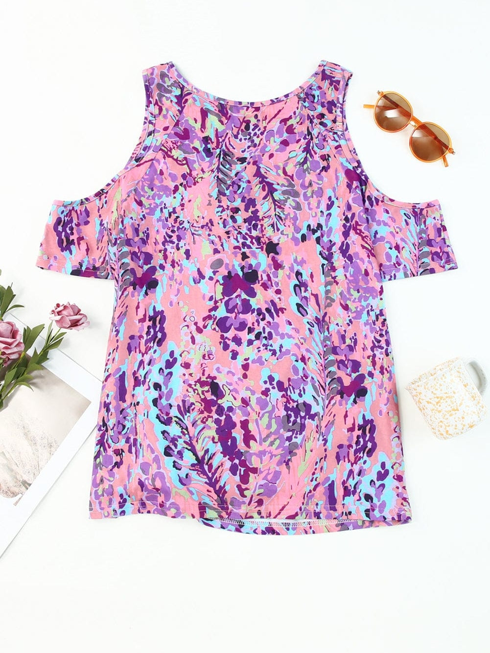 Lavender Blossom Cold Shoulder Floral Blouse