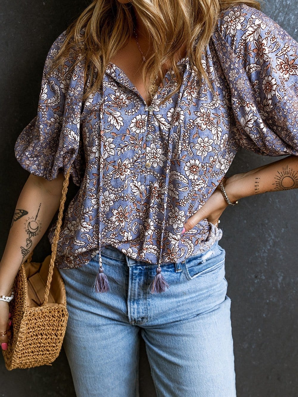 Lavender Blossom Fringe Tie V-Neck Bubble Sleeve Top