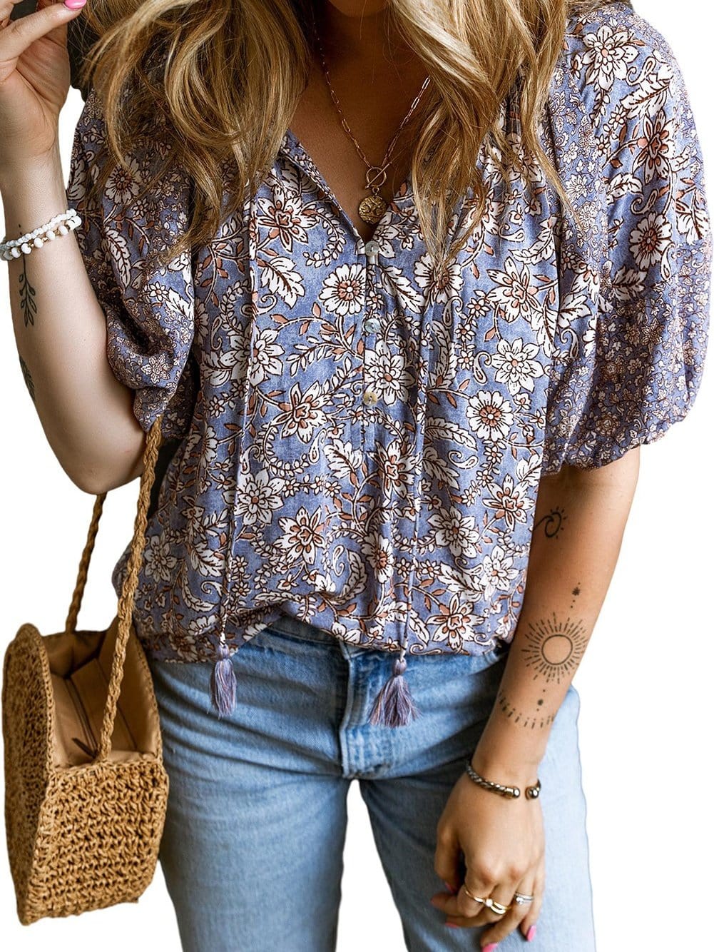 Lavender Blossom Fringe Tie V-Neck Bubble Sleeve Top