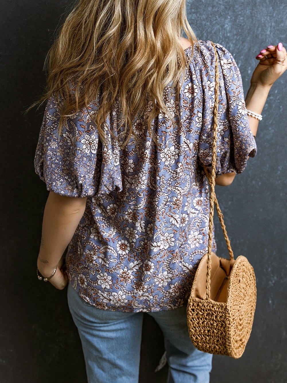 Lavender Blossom Fringe Tie V-Neck Bubble Sleeve Top