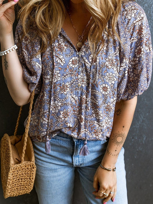 Lavender Blossom Fringe Tie V-Neck Bubble Sleeve Top