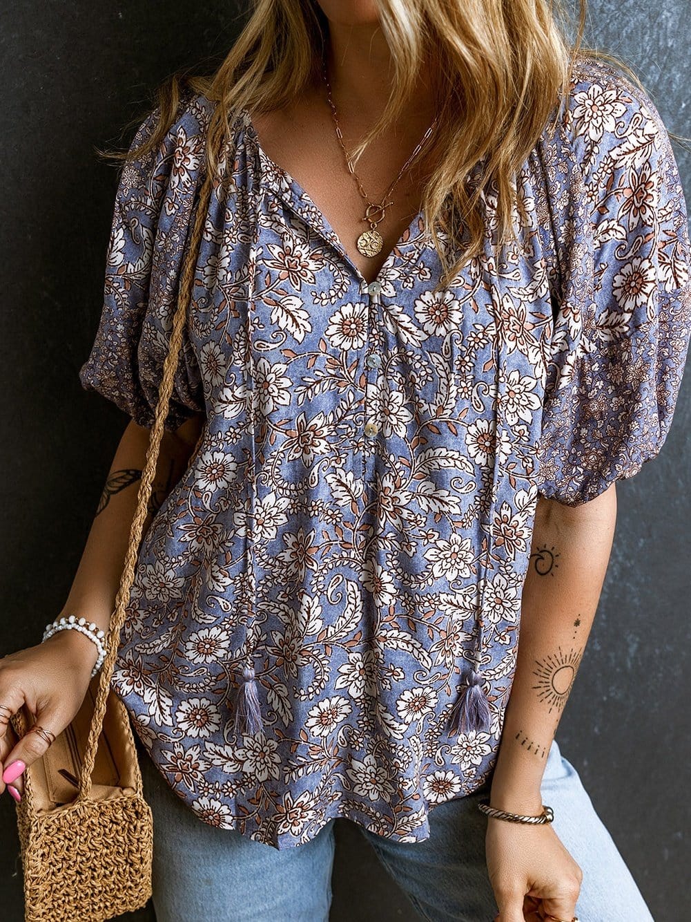 Lavender Blossom Fringe Tie V-Neck Bubble Sleeve Top