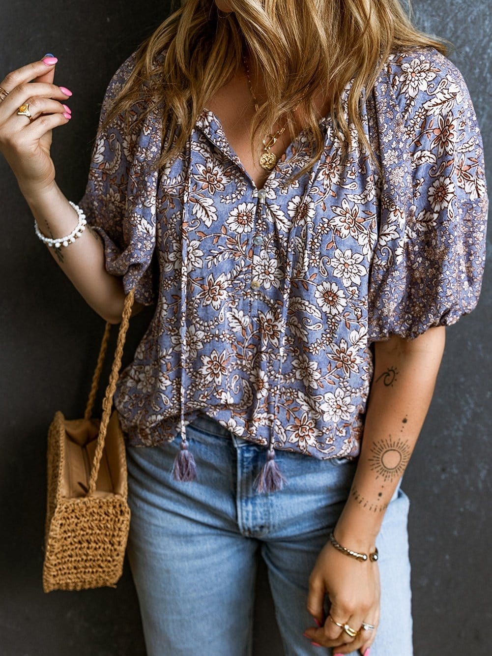 Lavender Blossom Fringe Tie V-Neck Bubble Sleeve Top