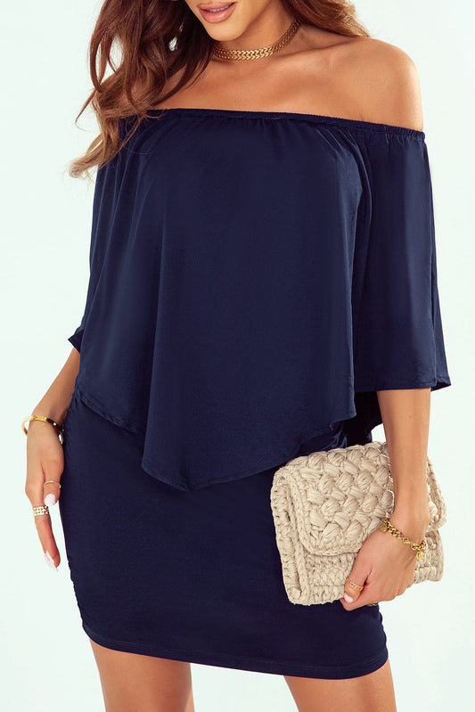 Layered Dark Blue Mini Poncho Dress with Versatile Styling Options