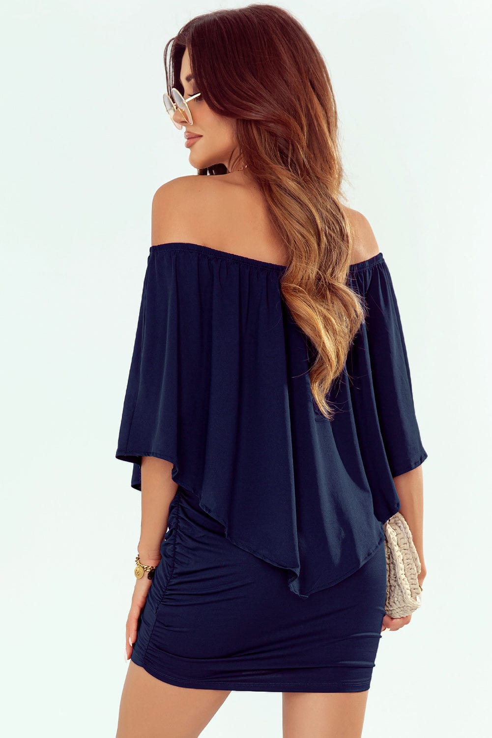 Layered Dark Blue Mini Poncho Dress with Versatile Styling Options