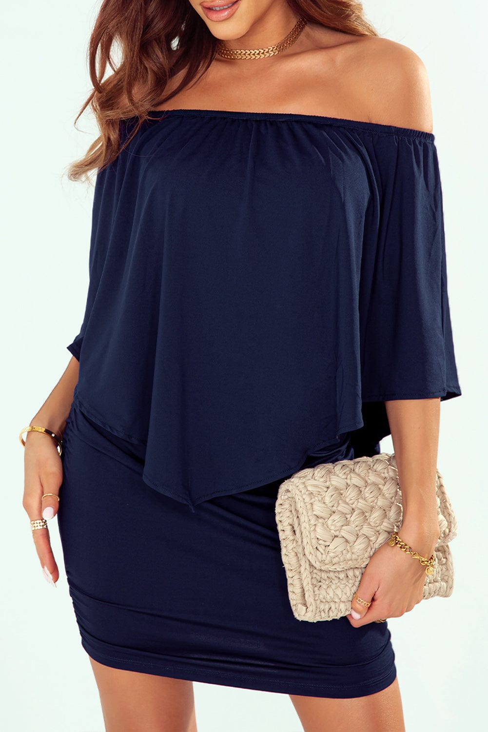 Layered Dark Blue Mini Poncho Dress with Versatile Styling Options