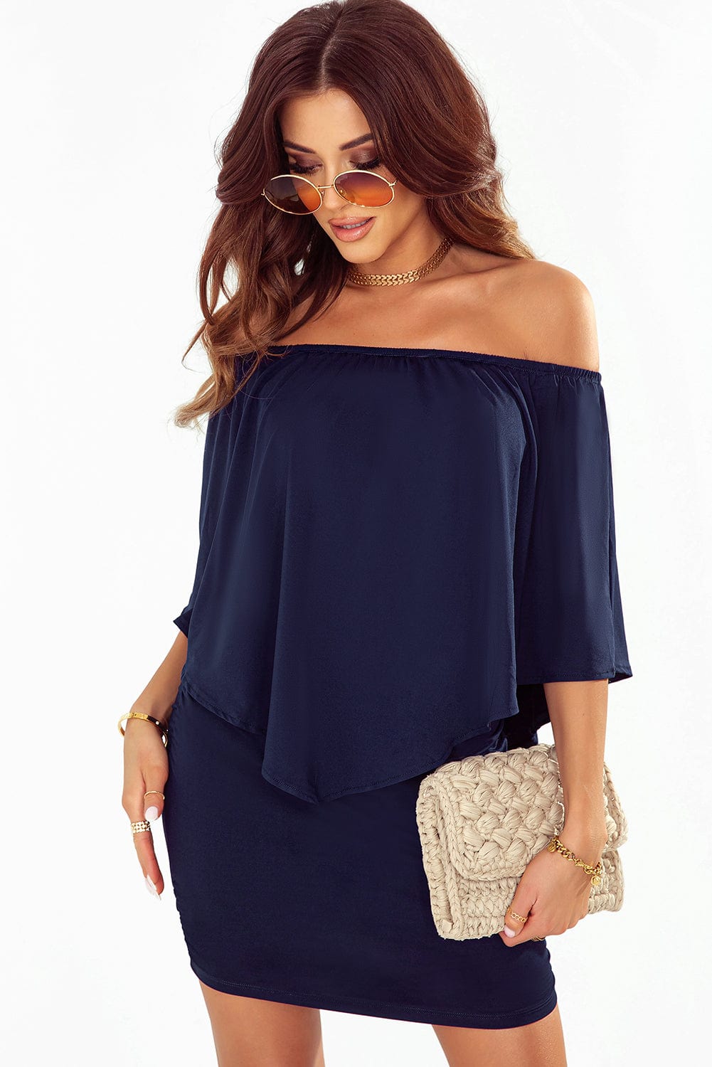 Layered Dark Blue Mini Poncho Dress with Versatile Styling Options
