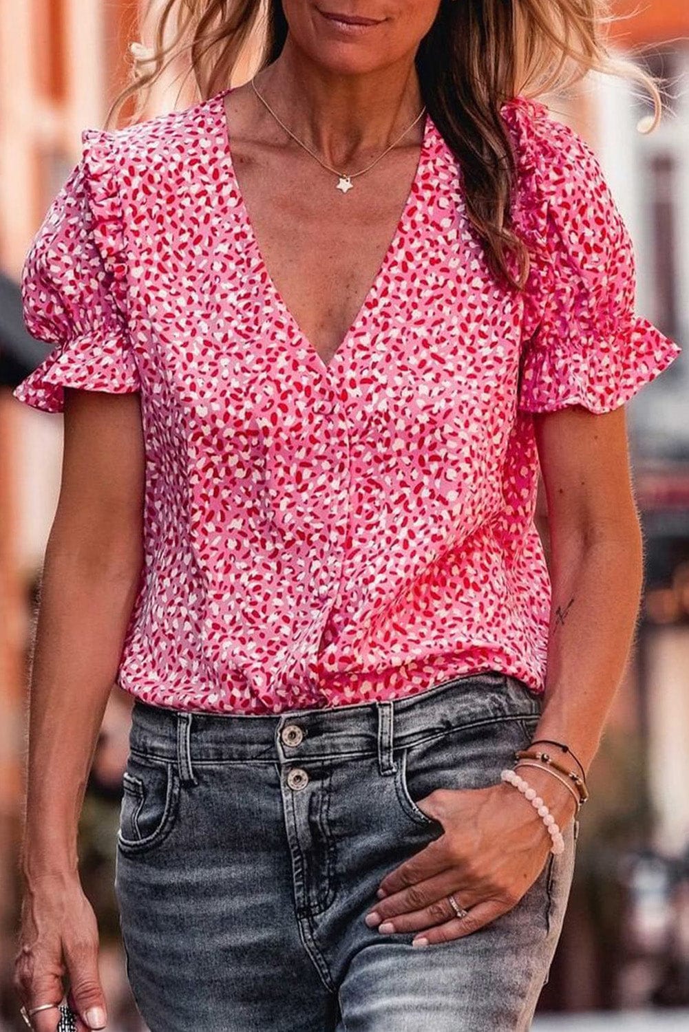 Layered Plaid Short Sleeve V-Neck Lotus Leaf Blouses