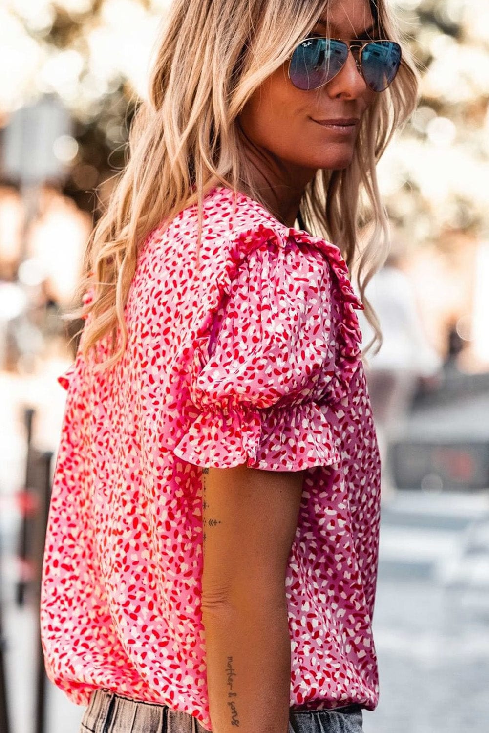 Layered Plaid Short Sleeve V-Neck Lotus Leaf Blouses