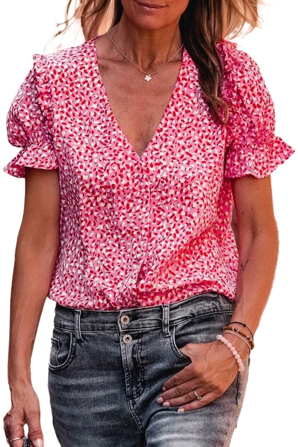 Layered Plaid Short Sleeve V-Neck Lotus Leaf Blouses