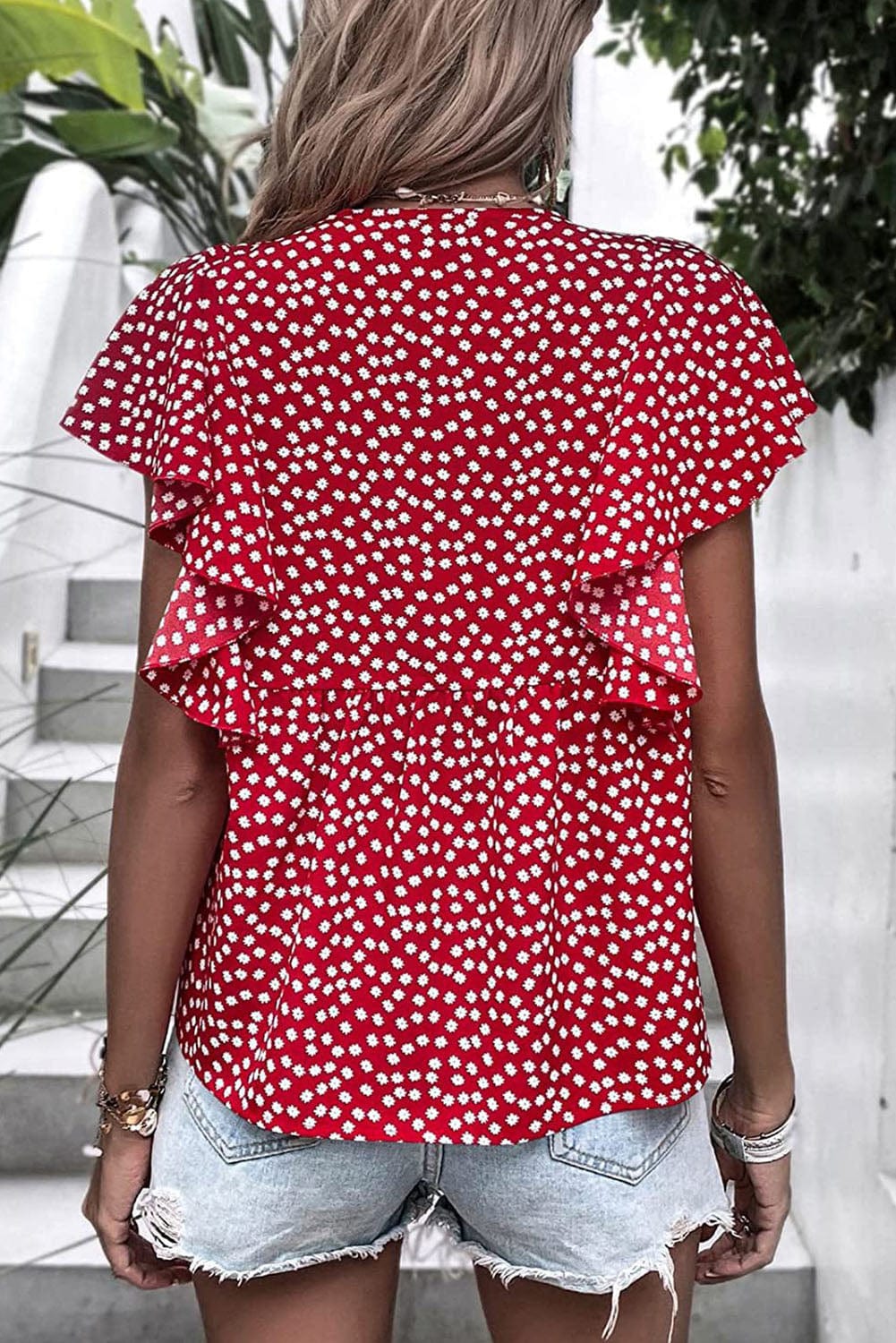 Layered Plaid Short Sleeve V-Neck Lotus Leaf Blouses