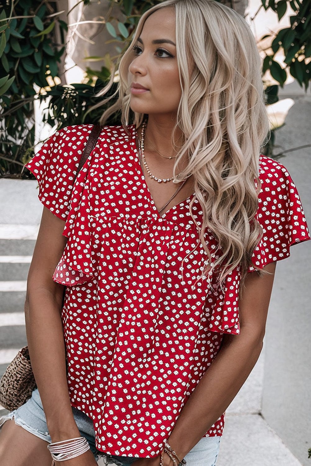 Layered Plaid Short Sleeve V-Neck Lotus Leaf Blouses