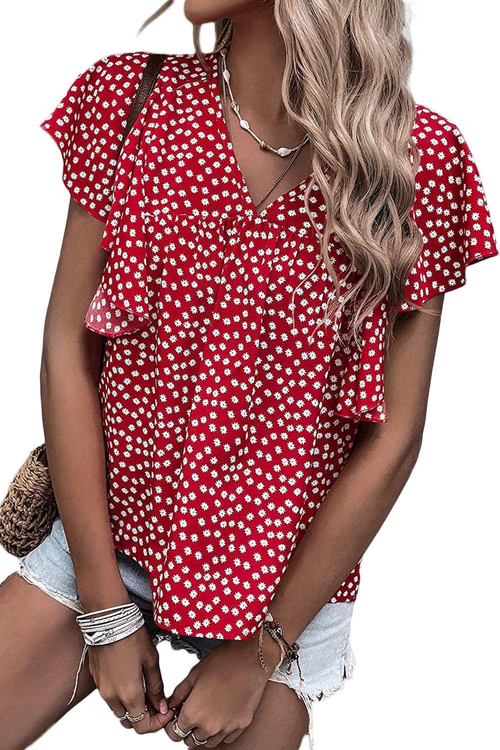 Layered Plaid Short Sleeve V-Neck Lotus Leaf Blouses