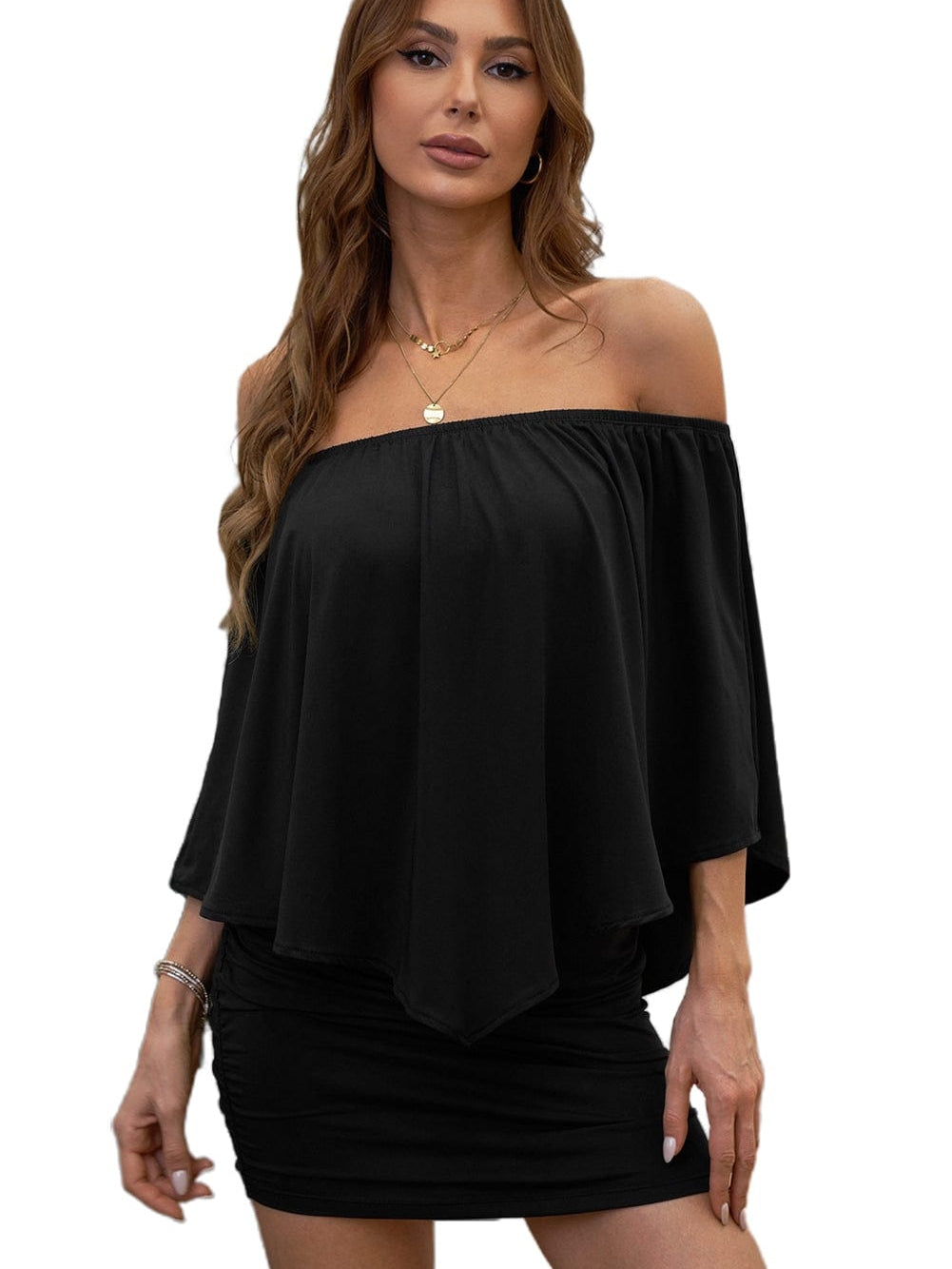 Layered Ruffle Black Mini Poncho Dress