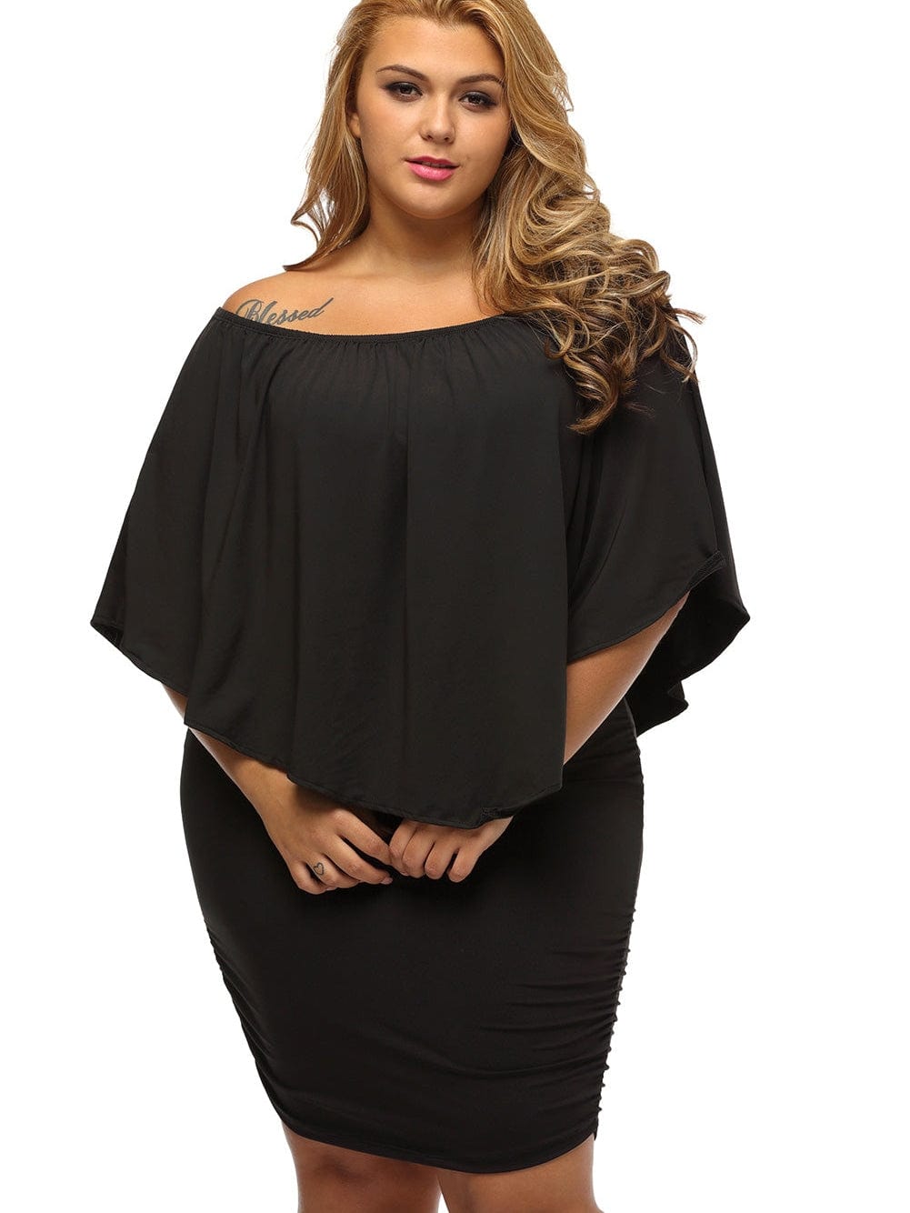 Layered Ruffle Black Mini Poncho Dress
