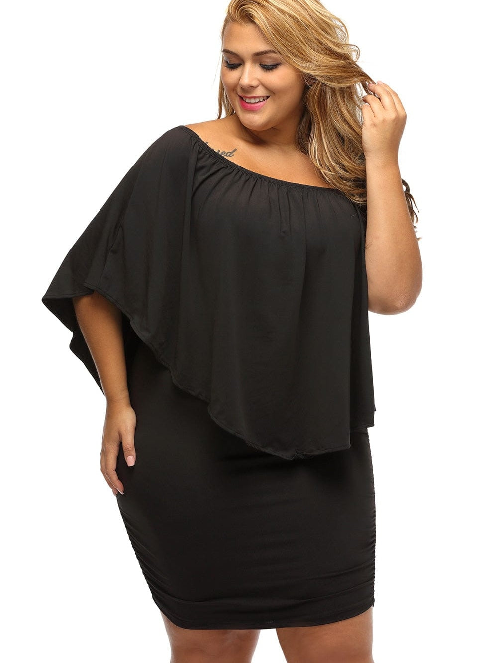 Layered Ruffle Black Mini Poncho Dress