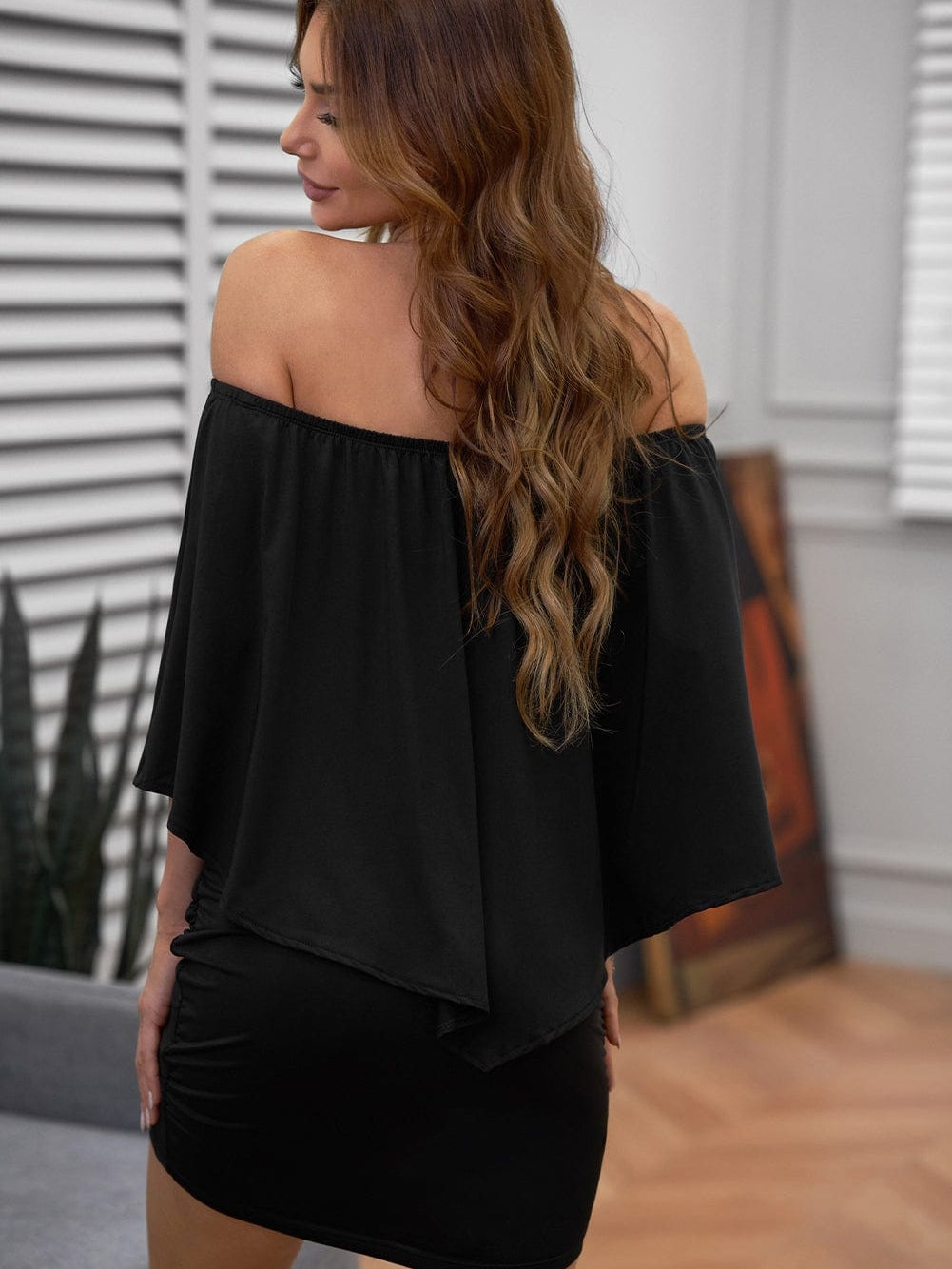 Layered Ruffle Black Mini Poncho Dress