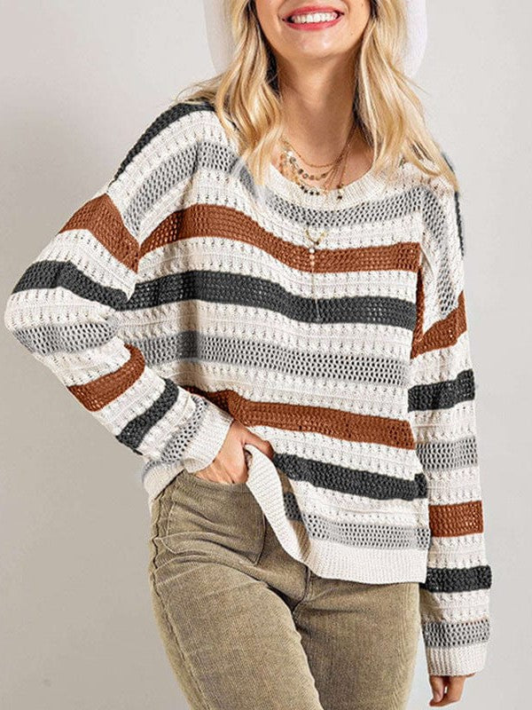 Lazy Style Acrylic and Cotton Striped Sweater in Wool Blend